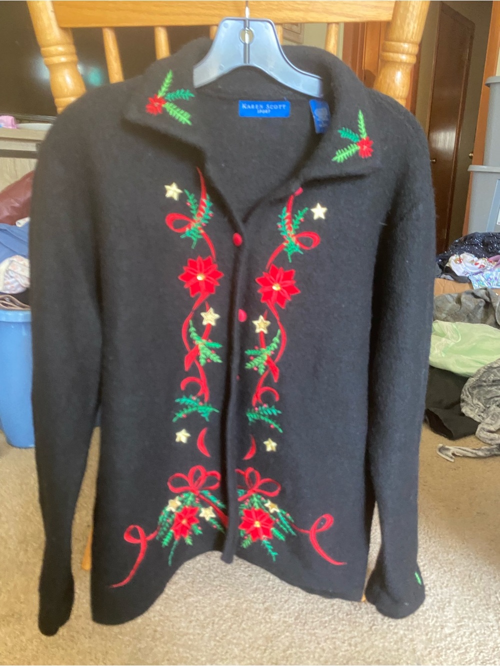 Karen Scott Black Holiday Embroidered Cardigan with Red Poinsettia Detail Wool L